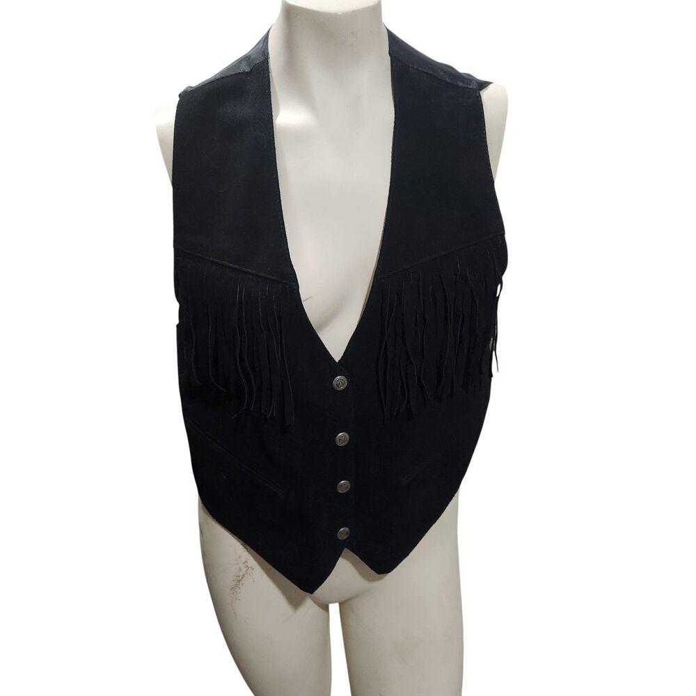 Vintage Mona Mode Black Leather Fringe Vest Button Front Boho Western‎ S